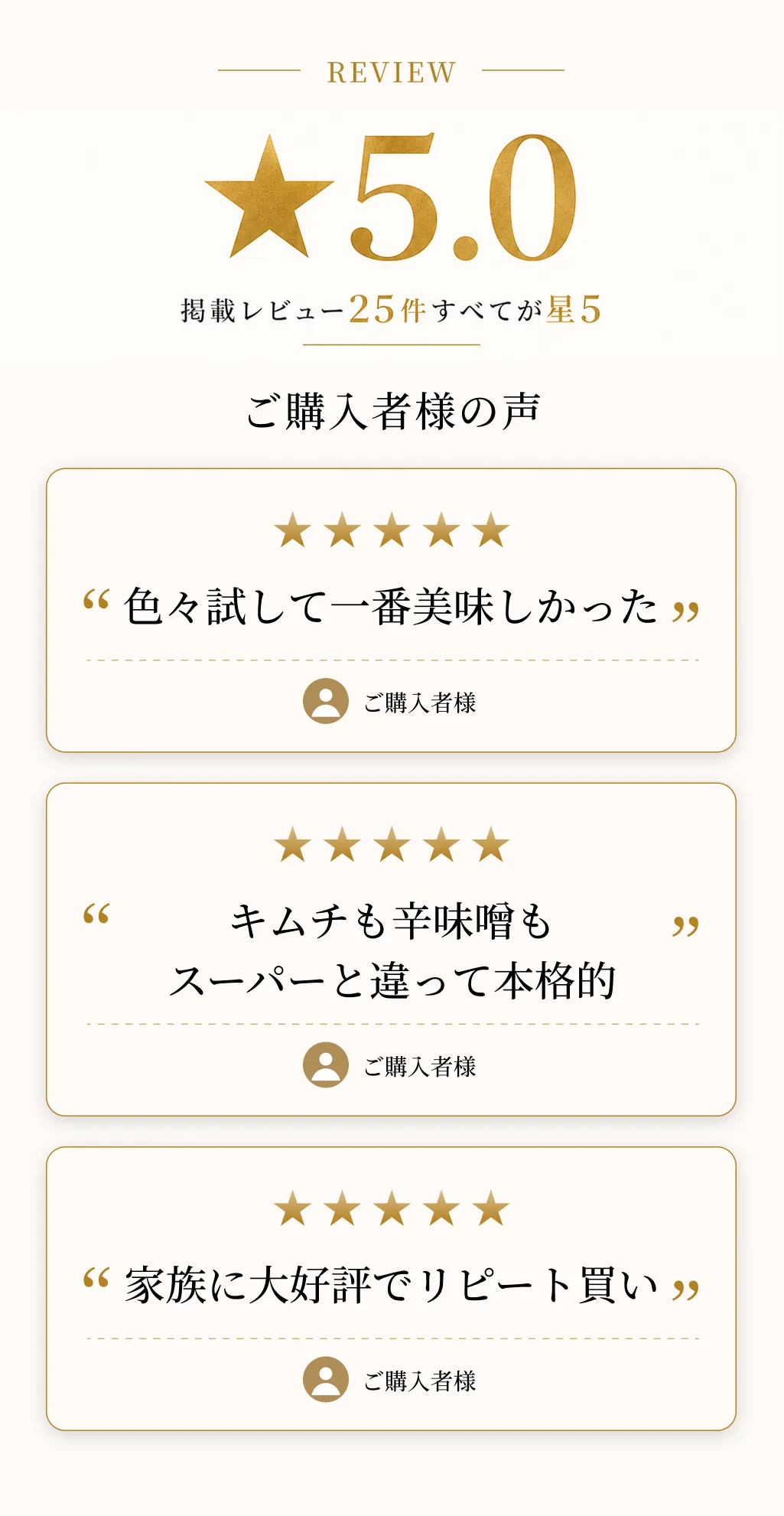 ご購入者様の声。掲載レビュー25件すべてが星5